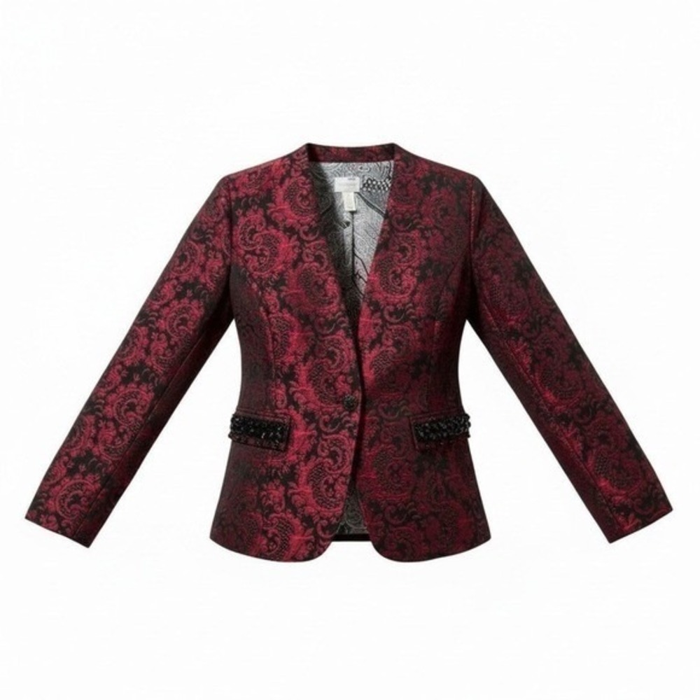 Chico's Brocade Blazer 1 M‎ Red Black Beaded Damask Whimsygoth Regencycore
